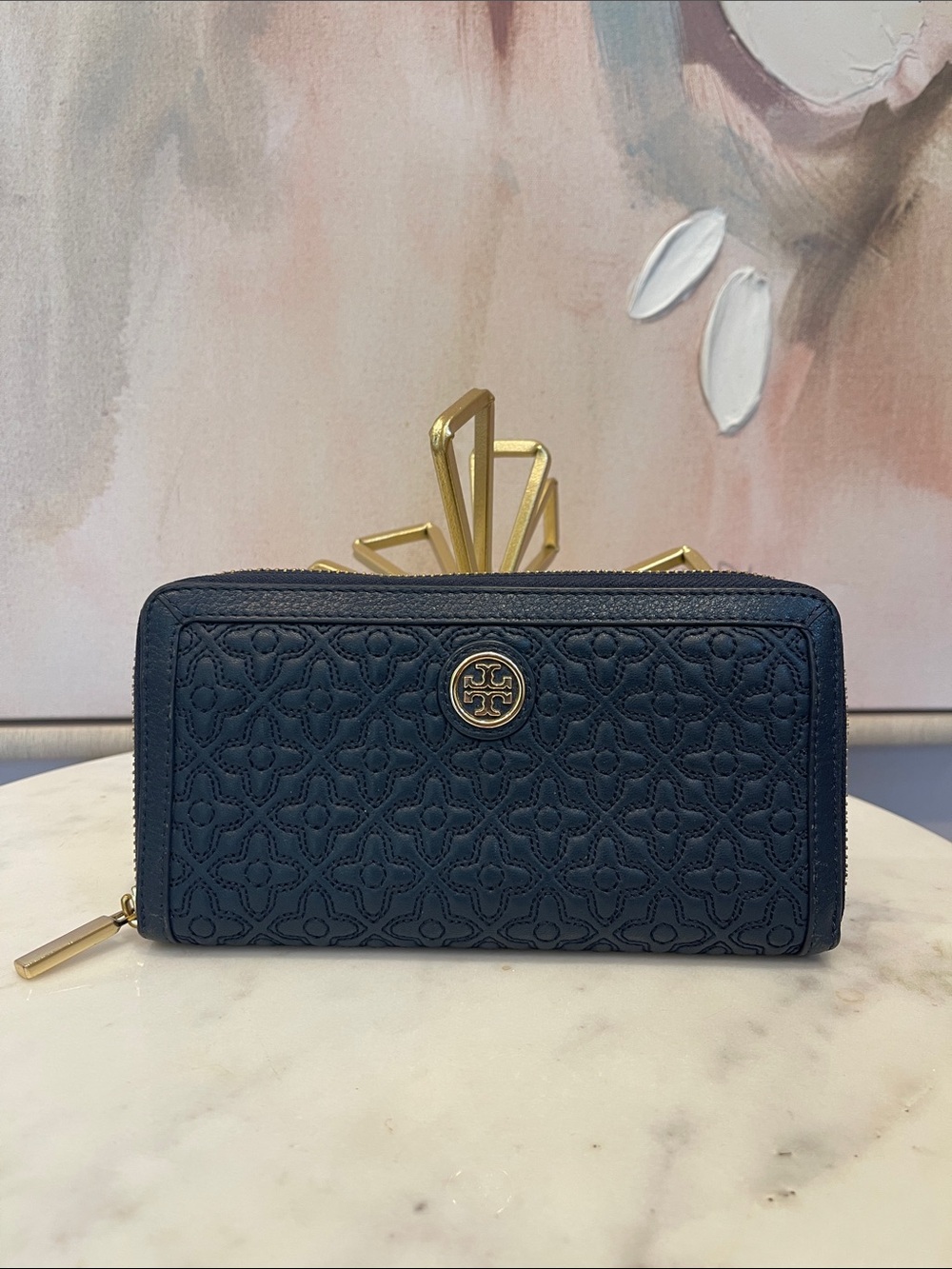 Tory Burch Embossed Quilted Zip Wallet - Navy with Gold Hardware